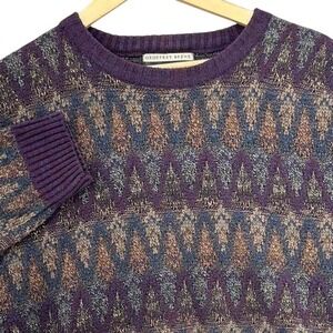 Geoffrey Beene Classics Plum Purple Geometric Zigzag Knit Crewneck Sweater SZ L
